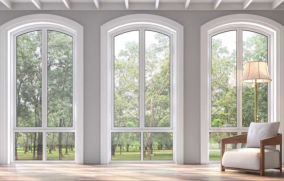 Home interior design with large windows