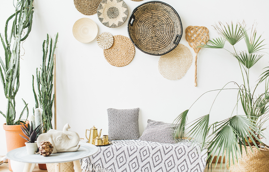 Woven baskets for living room wall accent